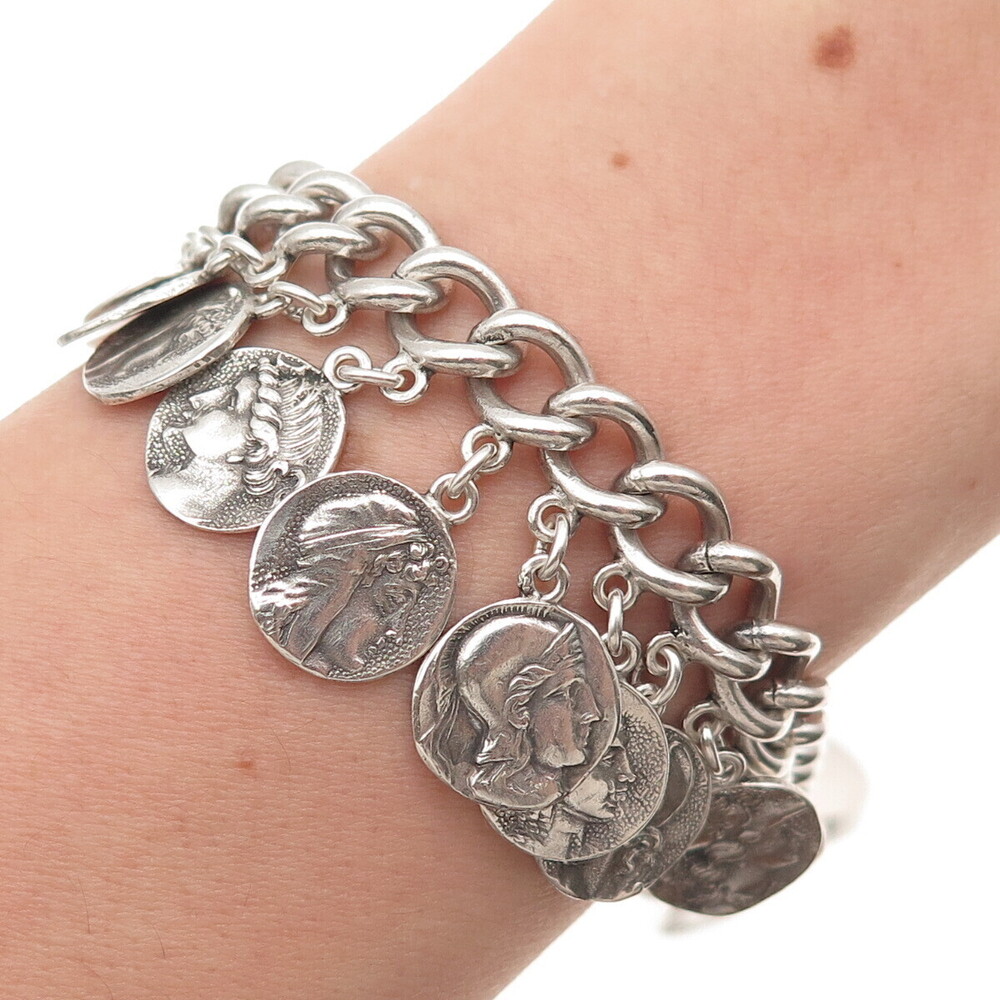 925 Sterling Silver Antique Art Deco Roman Coin Cha Cha Charm Bracelet 7" #1156